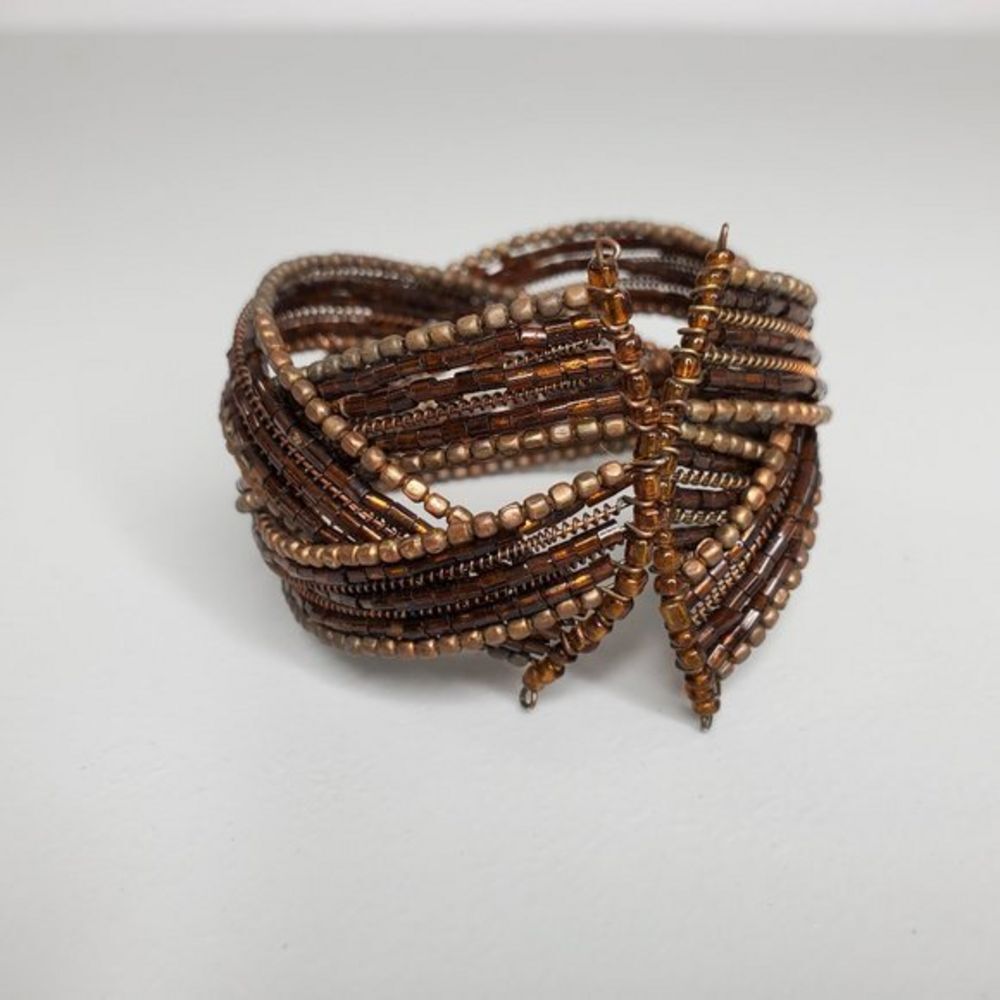 Beaded Bracelet Cuff Brown Copper‎ Braid Weave Wire